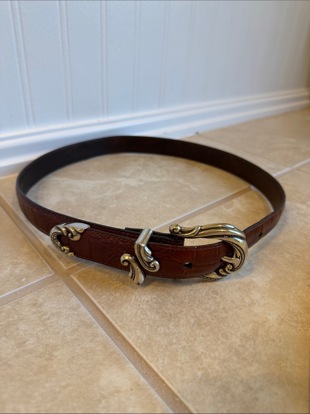 Brighton Brown Leather Belt with Ornate Gold-Tone Buckle